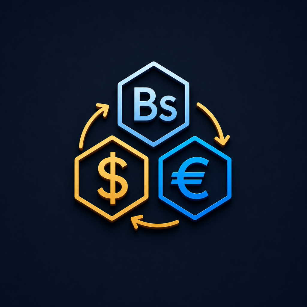 Logo oficial de BANCA VE: hexágonos con Bs, dólar y euro en azul y dorado.